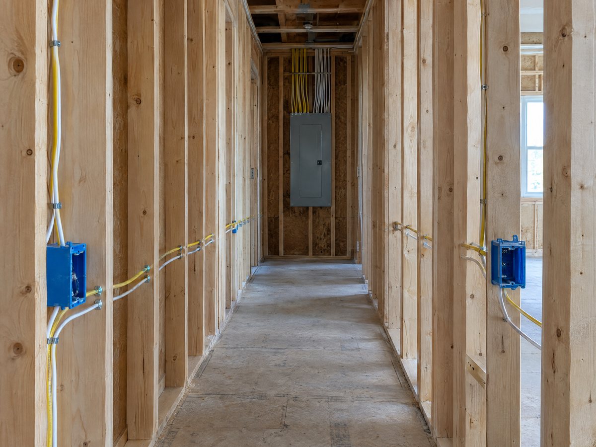 Illustration: laundry passage walls open, with the wiring run to the panel