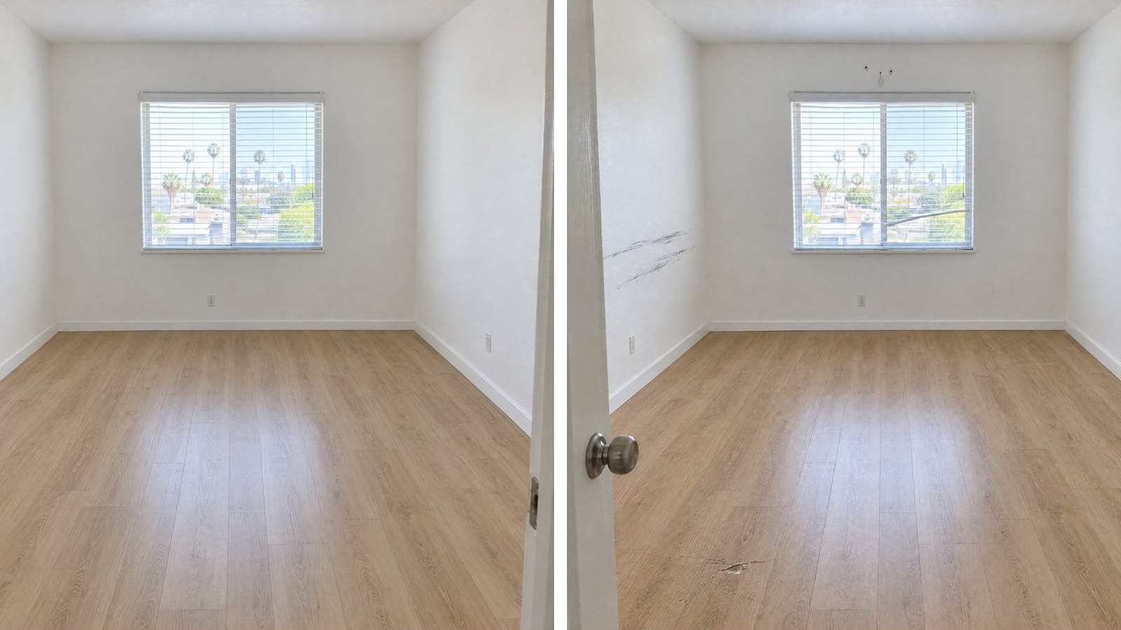 Illustration: the same rental bedroom at move-in and at move-out, with scuffs and nail holes at move-out