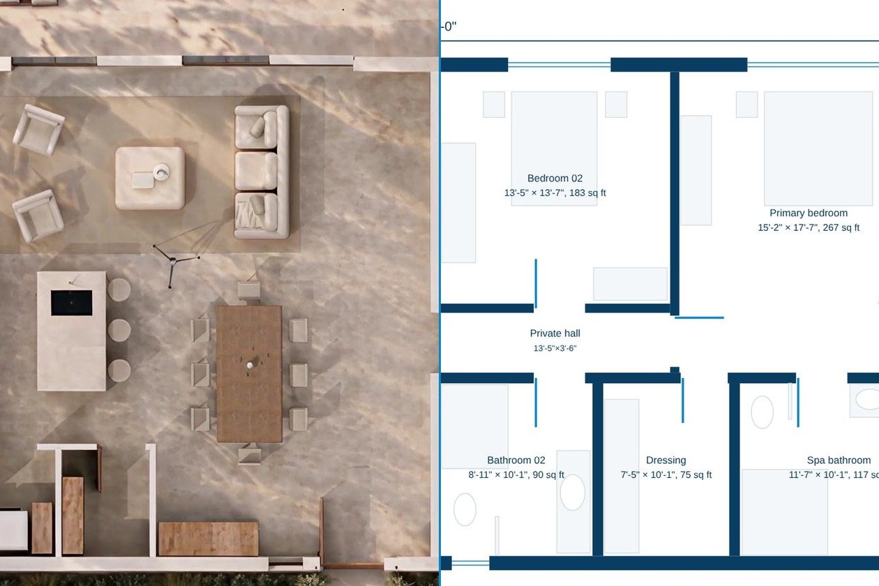 Illustration: a house seen from above, half as the 3D model and half as the measured floor plan