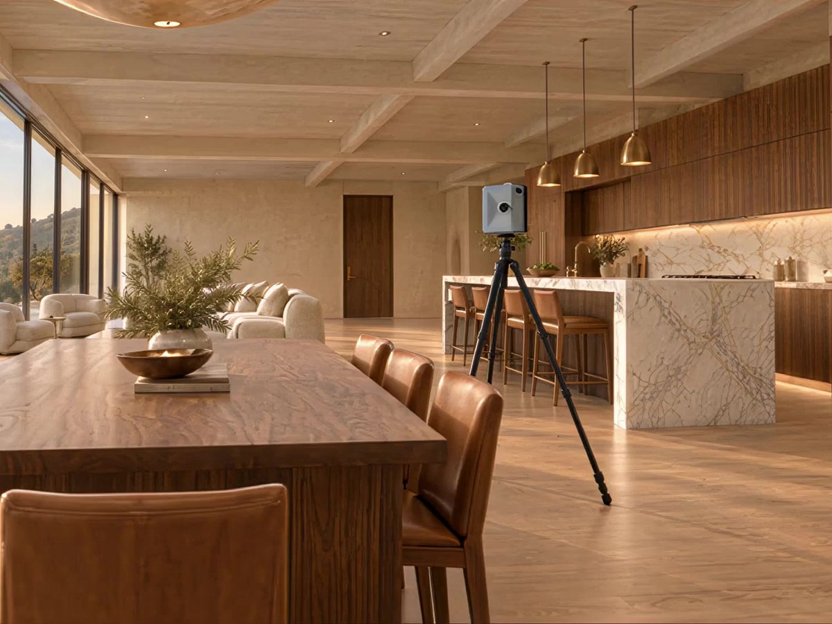 Illustration: a LiDAR scanner on its tripod by the kitchen island of an open living and dining room
