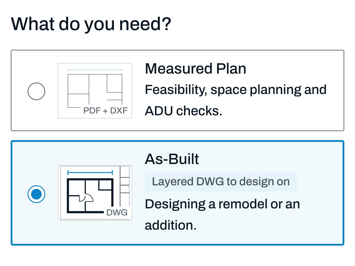The first screen of the quote form, with As-Built picked