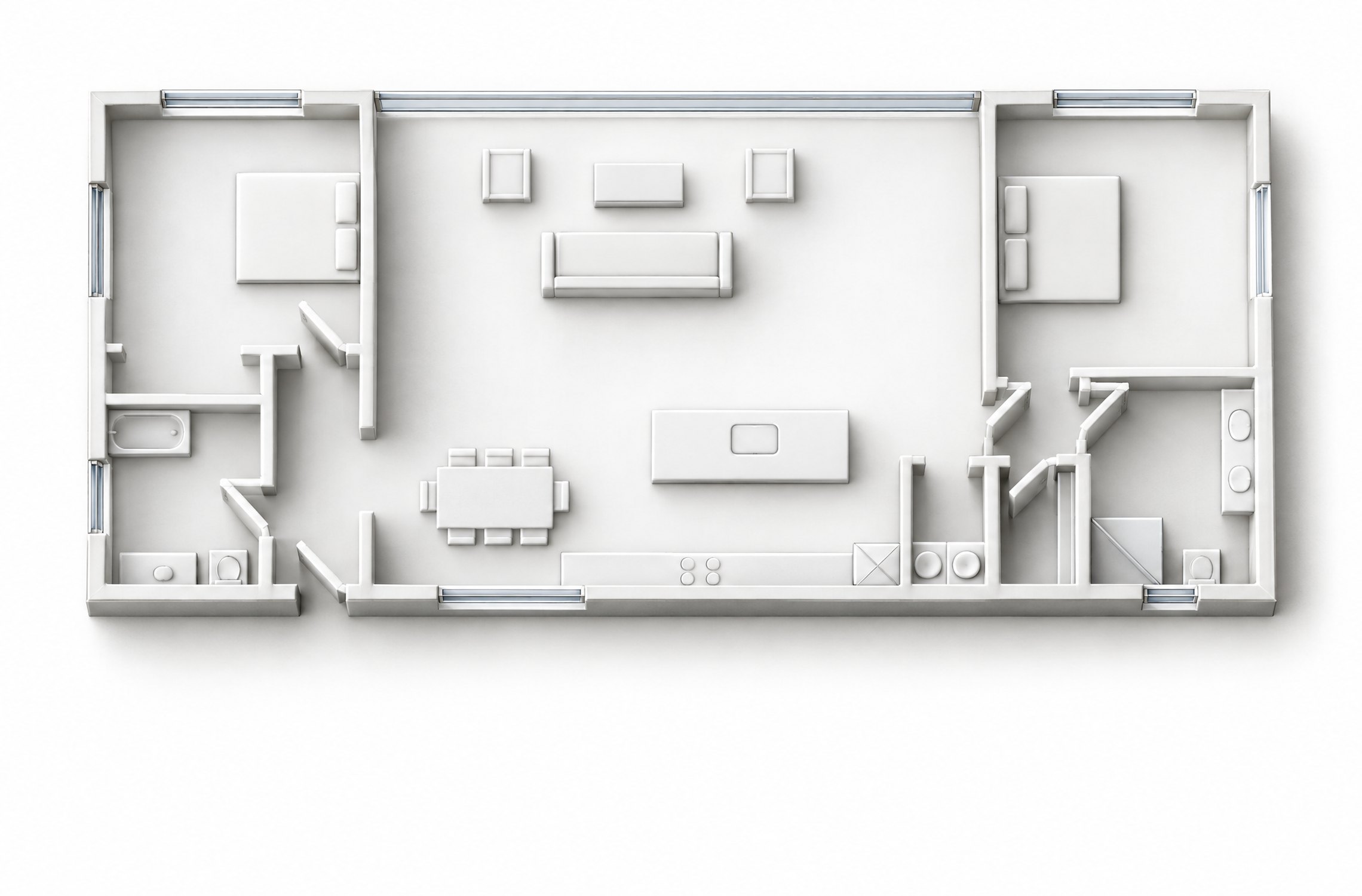 Illustration: white scale model of the sample house seen from above, under its drawn plan. Not a real project.