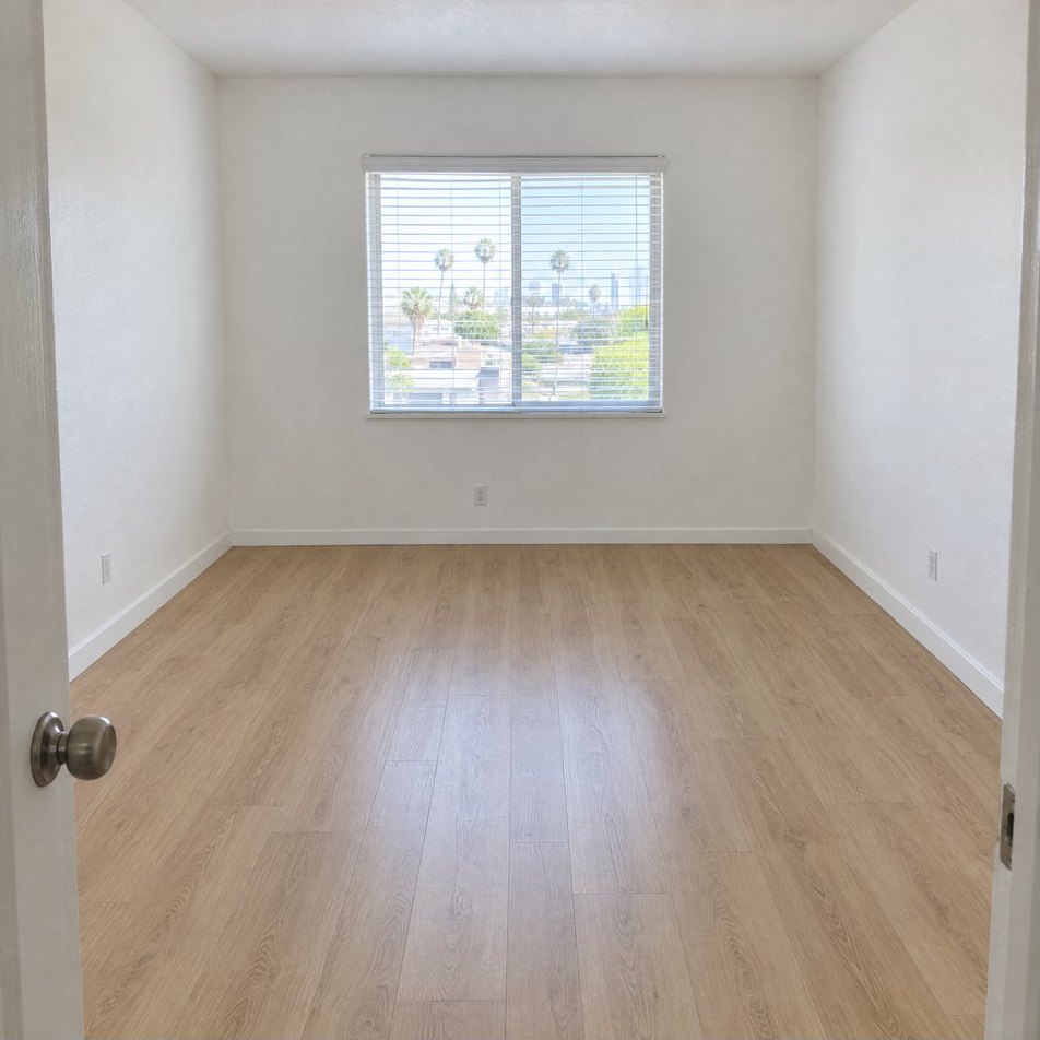 Illustration: the same bedroom at move-in and at move-out; at move-out, scuffs on the left wall, nail holes above the window, a bent blind slat and a scratch in the floor
