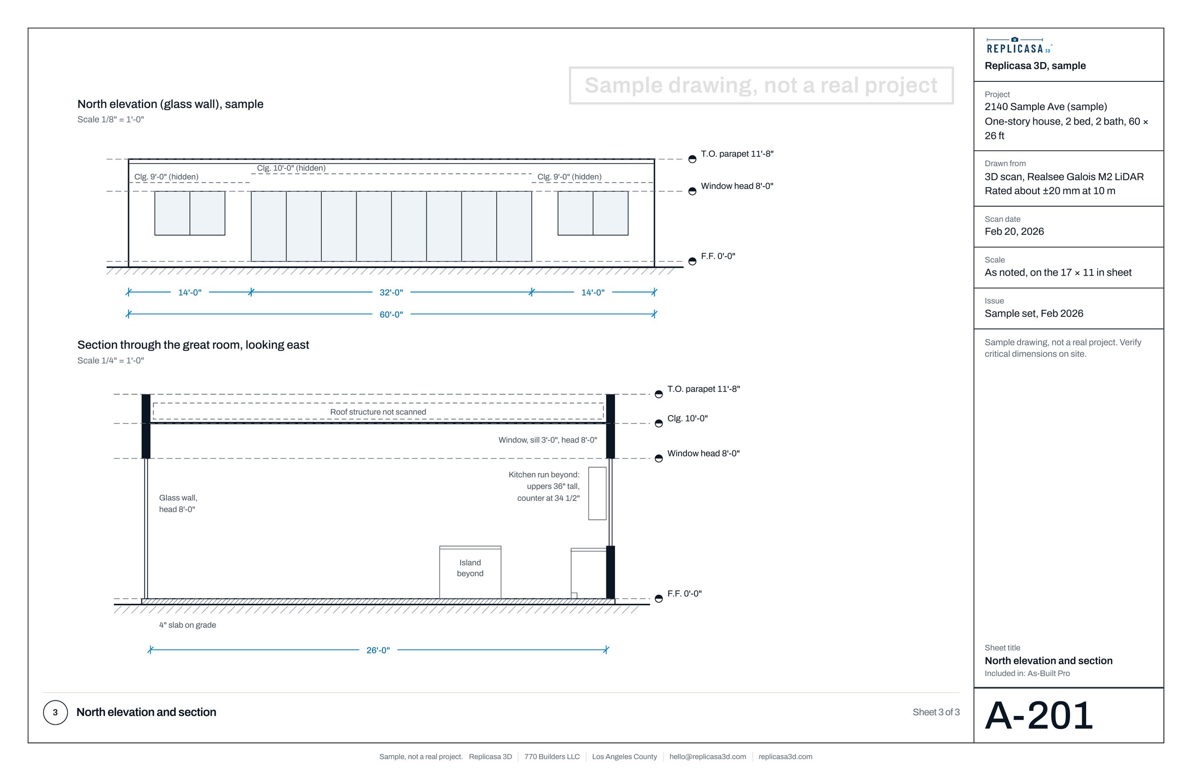 Sample As-Built set, sheet 3 of 3: A-201 Elevations, north elevation and section. Sample drawing, not a real project.