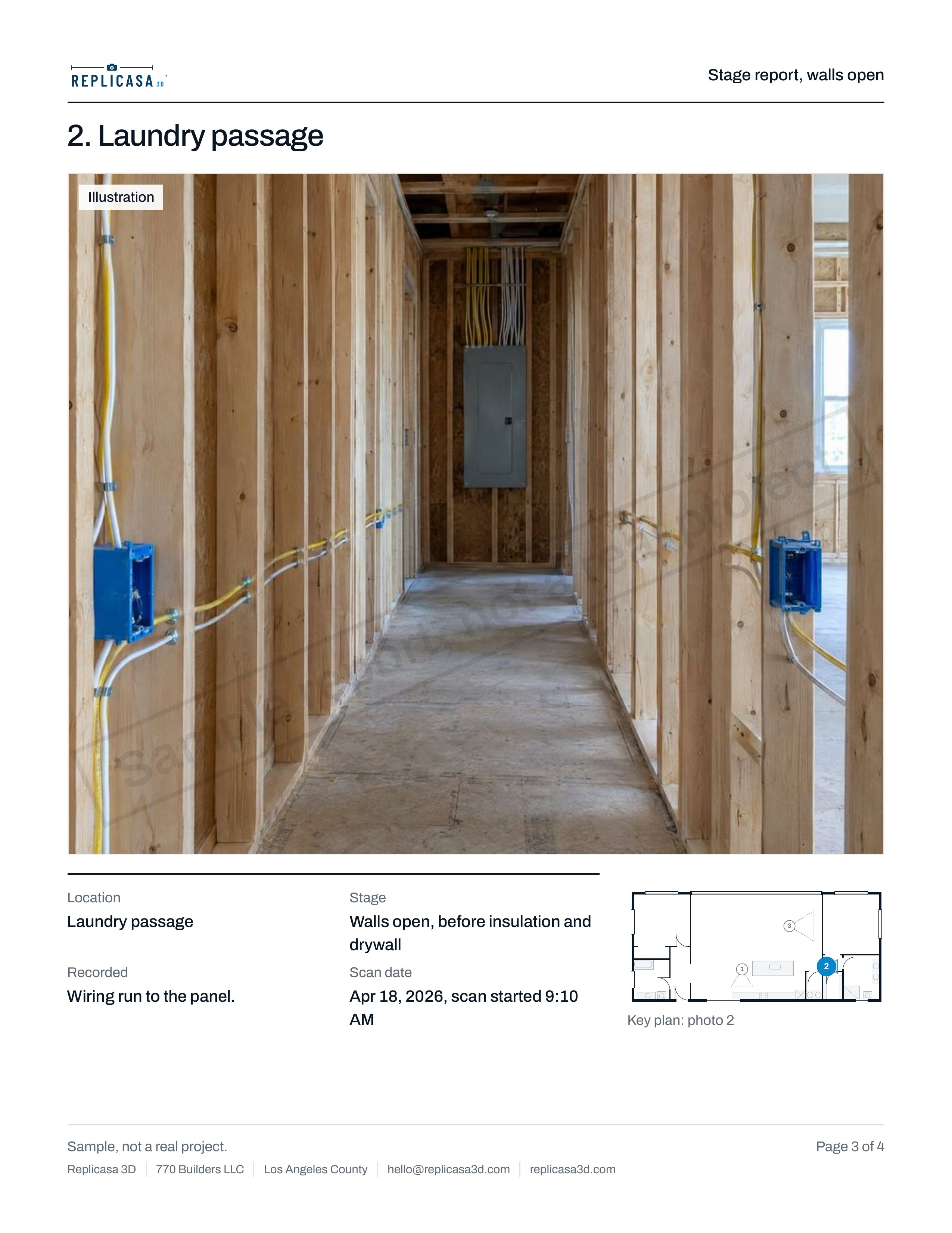 Sample stage report, page 3 of 4: Laundry passage, walls open. Sample report, not a real project. Photos are illustrations.